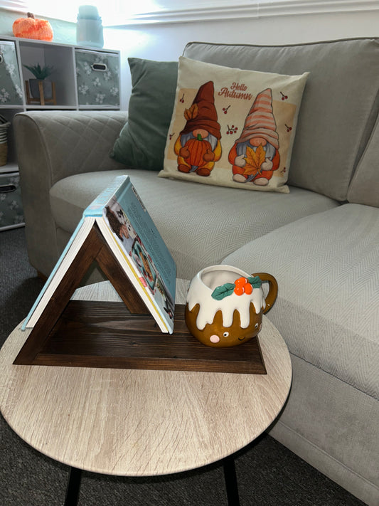 Wooden Book Stand, Triangle Shelf, Bookmark & Cup Holder Decor