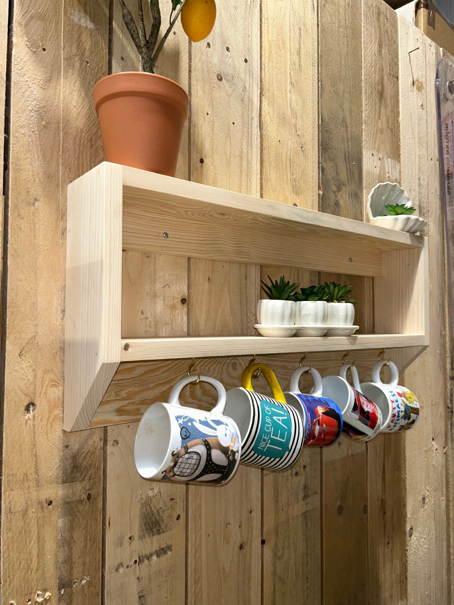 Handcrafted Double Floating Shelf with Cup Rail