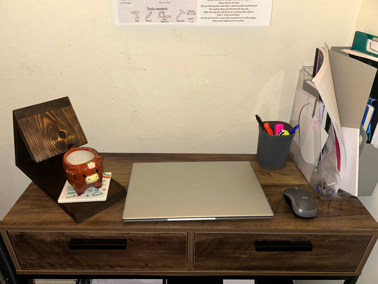 Wooden Book Stand, Triangle Shelf, Bookmark & Cup Holder Decor