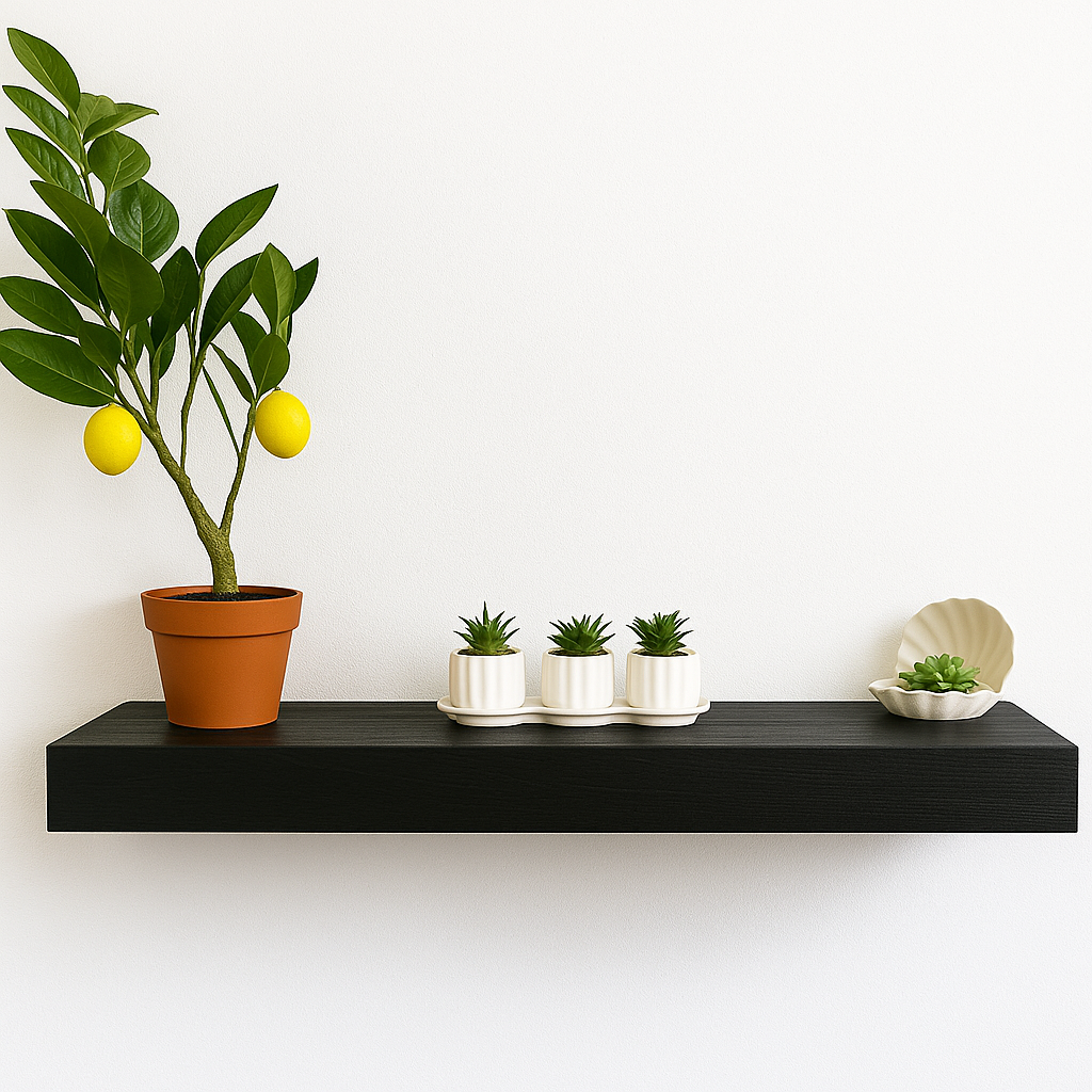 Floating shelf constructed from plywood and solid timber attached with a secret wooden bracket