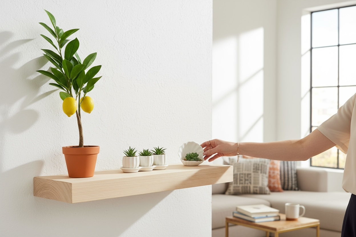 Floating shelf constructed from plywood and solid timber attached with a secret wooden bracket