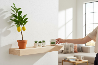 Floating shelf constructed from plywood and solid timber attached with a secret wooden bracket
