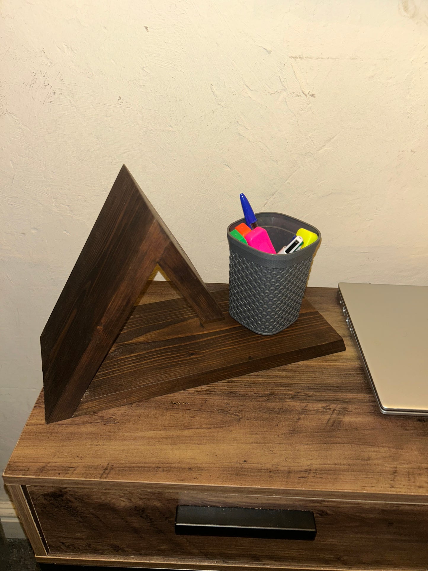 Wooden Book Stand, Triangle Shelf, Bookmark & Cup Holder Decor