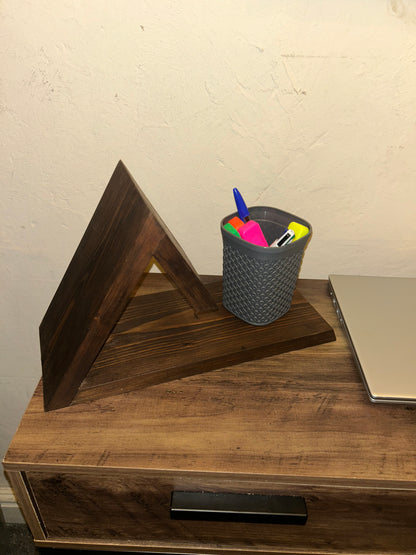 Wooden Book Stand, Triangle Shelf, Bookmark & Cup Holder Decor