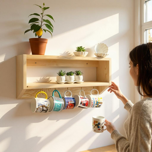 Handcrafted Double Floating Shelf with Cup Rail