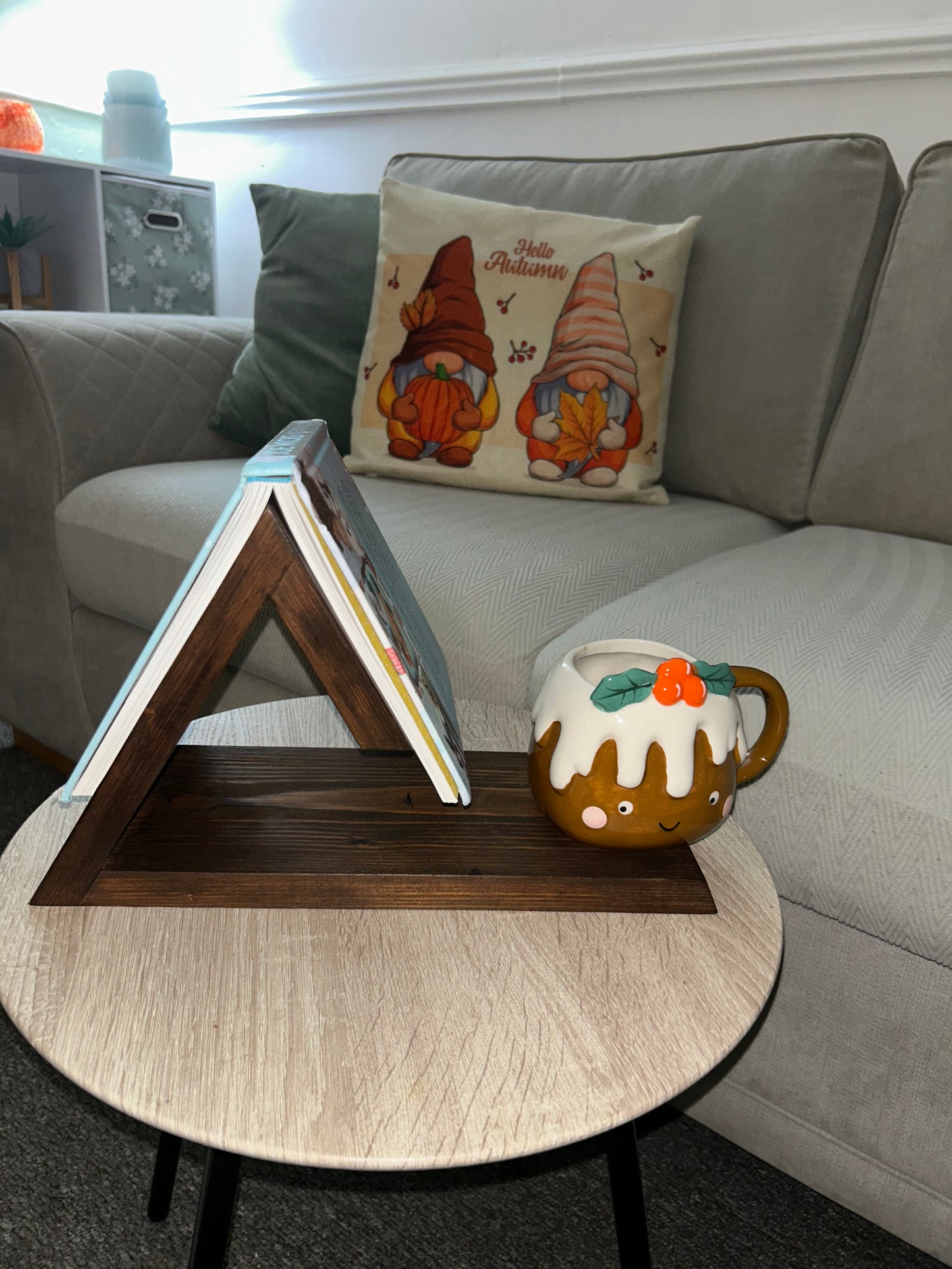 Wooden Book Stand, Triangle Shelf, Bookmark & Cup Holder Decor