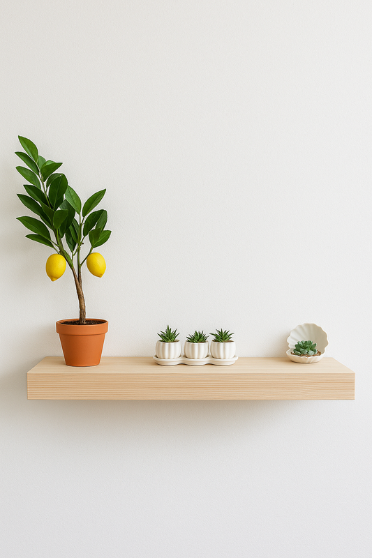 Floating shelf constructed from plywood and solid timber attached with a secret wooden bracket