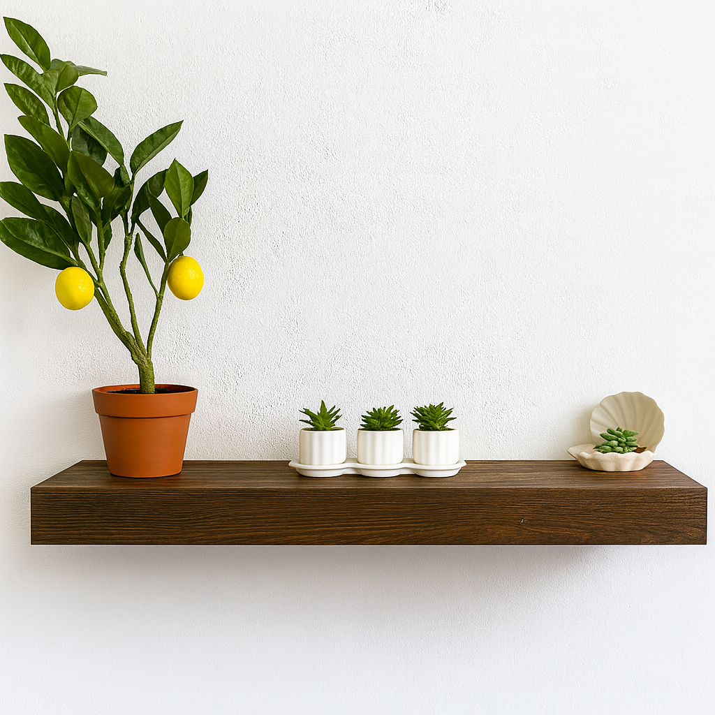 Floating shelf constructed from plywood and solid timber attached with a secret wooden bracket